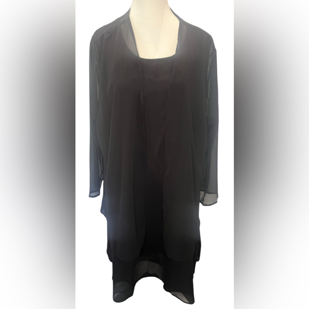 MISS JOY two piece black semi sheer dress w/ sheer open jacket | Size 2XL